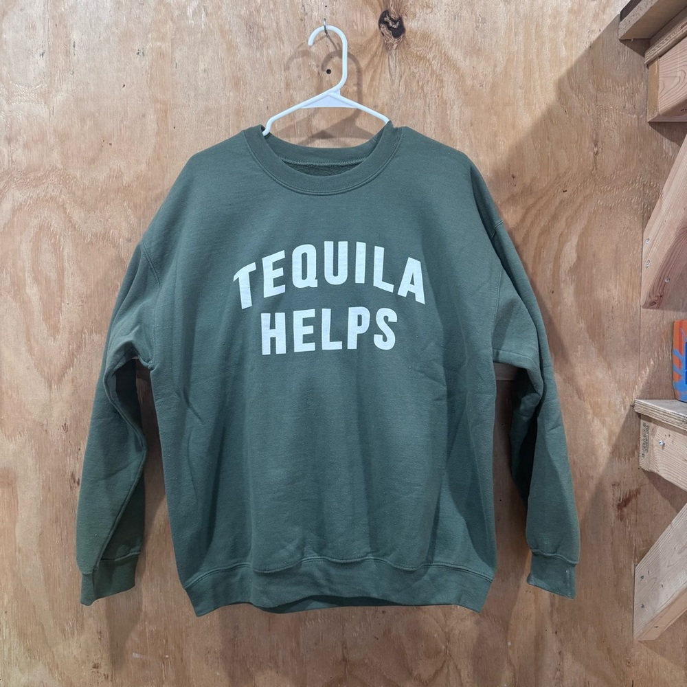 Green Crewneck Sweater with 'Tequila Helps' Print